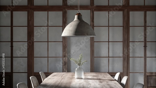 A spacious dining area featuring a reclaimed wood table surrounded by simple backless chairs. A single pendant light hangs above highlighting a minimalist centerpiece of