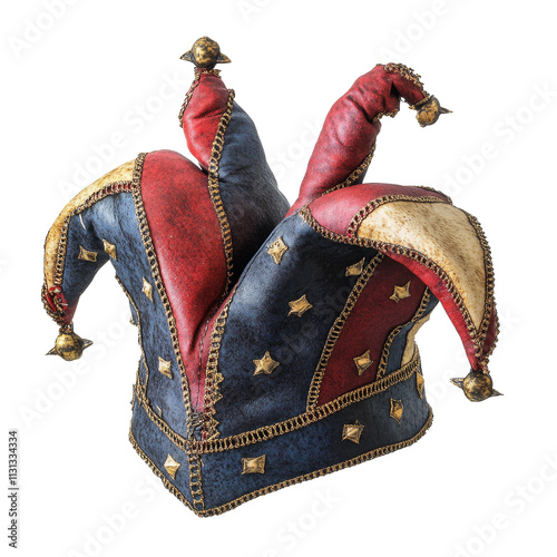 Colorful medieval jester hat with distinctive points, ideal for reenactments or festive occasions, medieval jester hat isolated on transparent background
