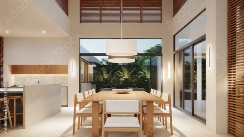 A sleek dining area with a rectangular table made of light oak surrounded by simple wooden chairs set against smooth plaster walls in warm beige under a softly glowing pendant