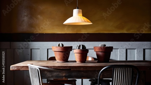 An intimate dining nook showcasing a rustic wooden table paired with simple handcrafted chairs. The walls are painted in a warm sandy hue and a hanging pendant light casts a soft