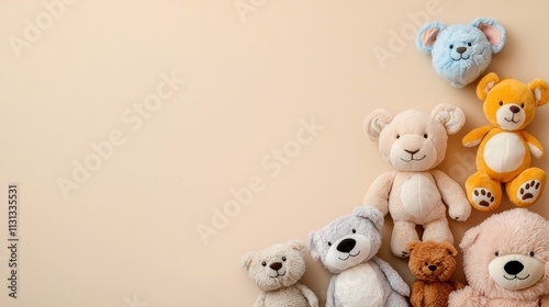 Arranging plushie animals smooth surface flat lay photography minimalistic design top-down view cute aesthetic