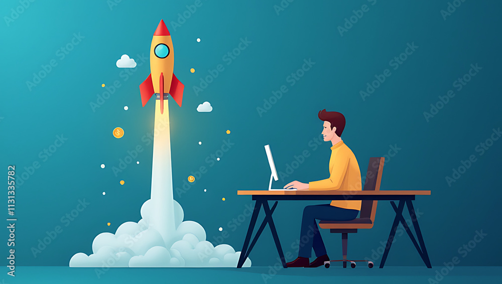 © fotoluigi868 - A man holds a rocket in his hand, sitting at a blue desk, brainstorming innovative investment and success strategies together._00004_