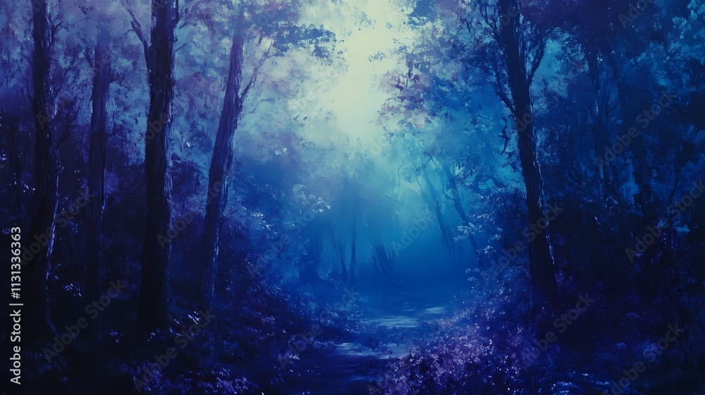 Fototapeta premium Enchanted Forest Scene with Ethereal Light and Deep Blue Hues Creating a Mystical Atmosphere Surrounded by Tall Trees and Lush Underbrush