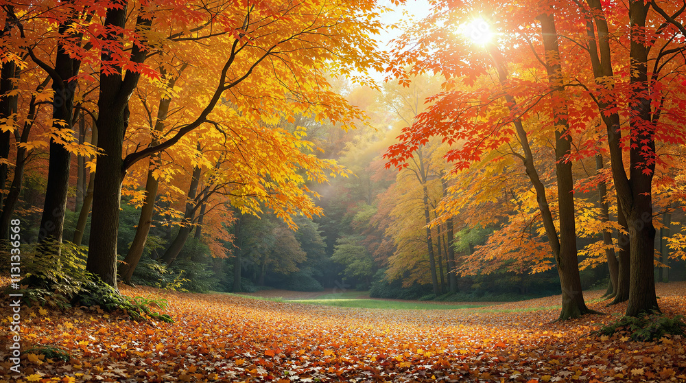 Fototapeta premium a vibrant autumn forest backdrop. trees with foliage in shades of red, orange, and yellow, with fallen leaves blanketing the forest floor.