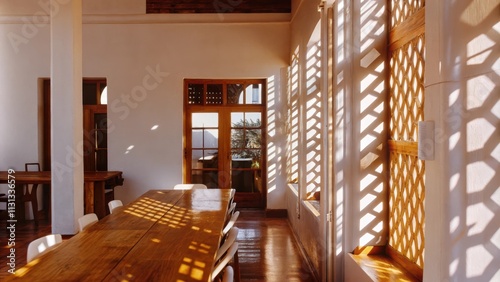 A spacious dining area featuring a long wooden table and simple chairs. Sunlight streaming through a wide window projects intricate shadow patterns onto the pale walls enhancing