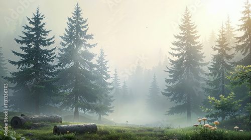 Forest backdrop featuring a misty morning setting. Tall pine trees shrouded in a soft, ethereal fog.