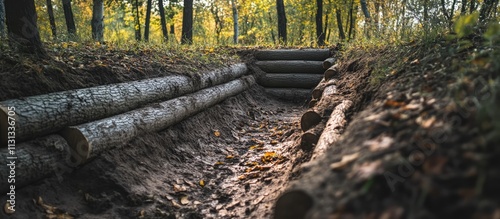 Wooden logs arranged in a trench surrounded by autumn trees creating a serene outdoor landscape for nature lovers and outdoor enthusiasts.