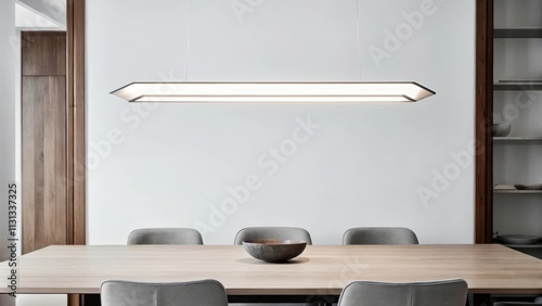 A minimalist dining area with a rectangular wooden table surrounded by simple gray chairs. Above a modern pendant light casts a warm glow while a decorative bowl in subtle tones