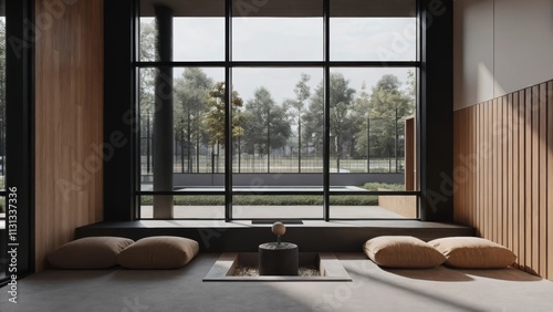 A meditation room with a large window overlooking the park featuring soft earthtoned cushions on the floor a small indoor water fountain and walls to maintain a sense of peace and photo