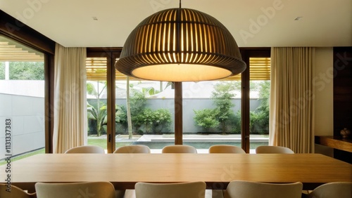 An airy dining area showcases a large wooden table surrounded by minimalist chairs positioned beneath a striking pendant light that casts warm illumination while views of the