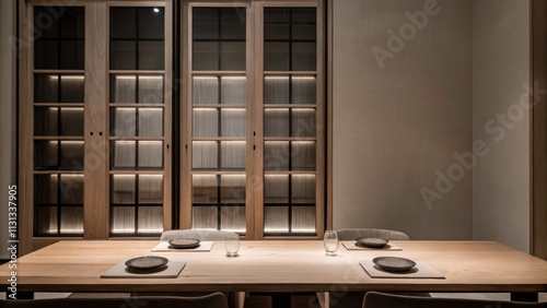 A modern dining area showcasing a long wooden table set for two highlighted by the warm light coming through a wall of glass doors. Simple elegant place settings rest atop a