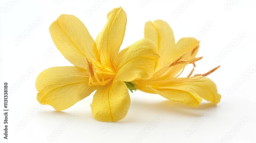 Obraz premium Yellow flower closeup against white background showcasing delicate petals and vibrant color ideal for nature and floral design concepts