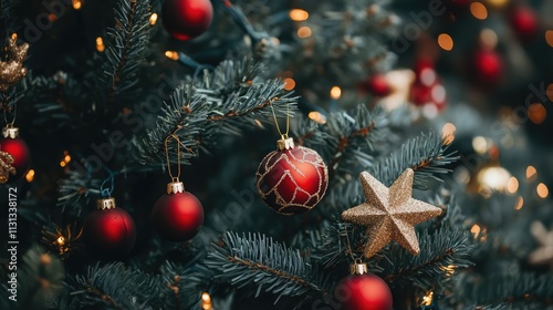 Close up of vintage Christmas tree branches adorned with red ornaments and gold star highlighting a festive holiday atmosphere