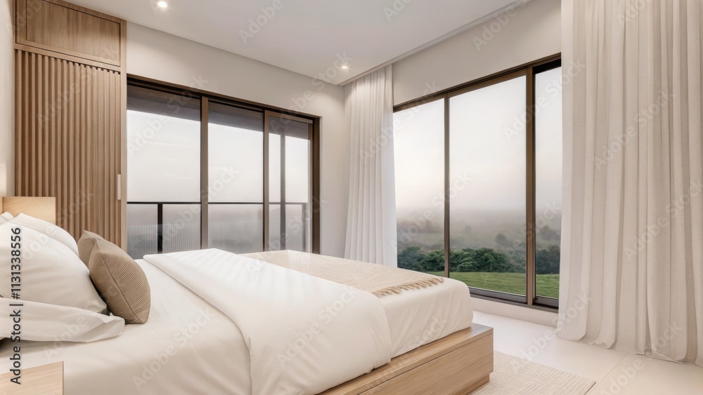 Fototapeta premium An airy bedroom with a platform bed dressed in crisp white linens and light taupe accents. The large window frames a view of misty fields while a delicate curtain gently sways in