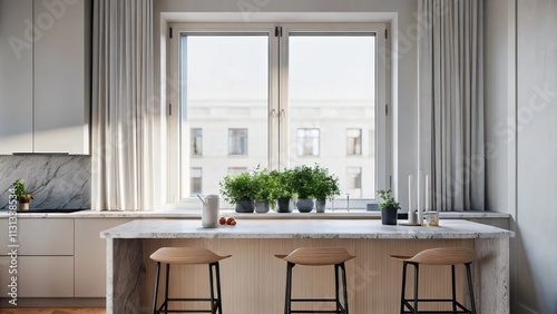 An openplan kitchen and dining area with an island made of white marble and minimalist wooden stools. Potted herbs in vibrant green line the windowsill and sunlight streams in