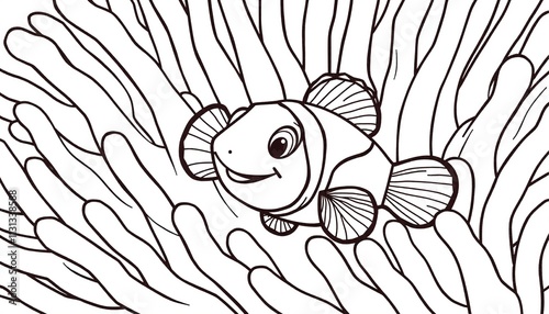 Cartoon clownfish in coral reef line art illustration