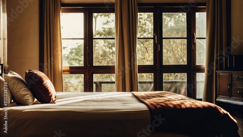 A serene bedroom featuring a soft creamcolored bedspread layered with rusttoned throws and pillows while large windows showcase golden sunlight filtering through curtains photo