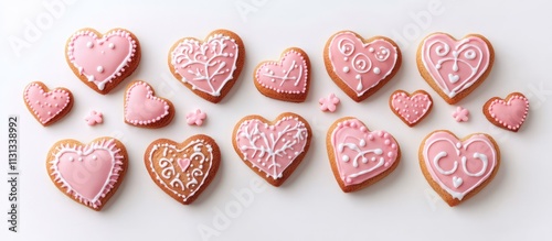 Handmade pink heart shaped cookies beautifully decorated on a light background perfect for Valentine's Day or romantic occasions.