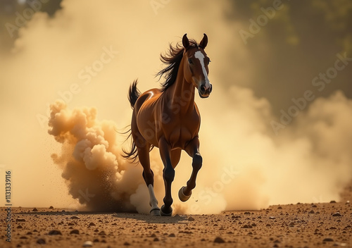 horse runs freely amidst dusty vortex created