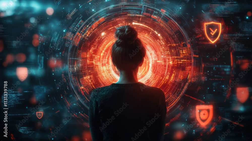 Obraz premium person inside a glowing bubble, surrounded by floating personal data and shield icons