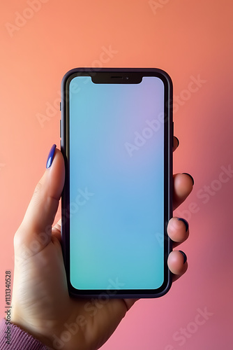 A female hand holds a smartphone with its screen displaying nothing but a plain background in vivid colors._00002_