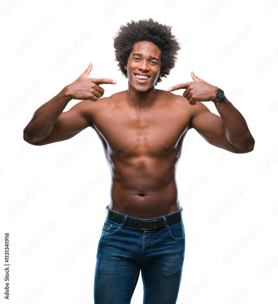 Fototapeta premium Afro american shirtless man showing nude body over isolated background smiling confident showing and pointing with fingers teeth and mouth. Health concept.