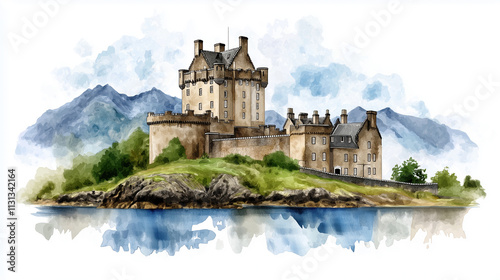 Historic scottish castle on lake with mountain backdrop in watercolor style