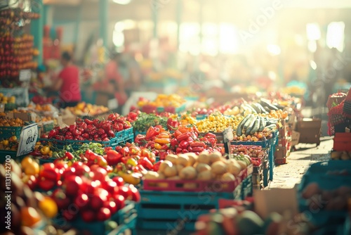 Colorful market bursting with fresh produce on a sunny day in a vibrant outdoor setting. Generative AI photo