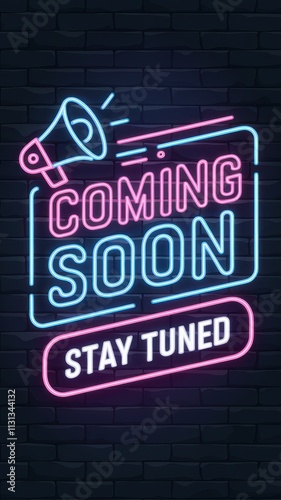 Neon COMING SOON and NEW PRODUCT ALERT with megaphone graphic on dark wall