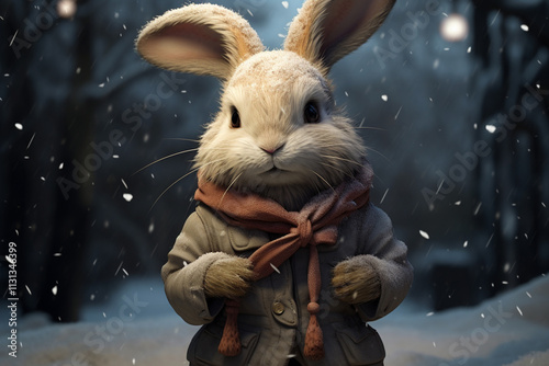 Obraz na płótnie bunny in a scarf and jacket in winter, cartoon style. w salonie