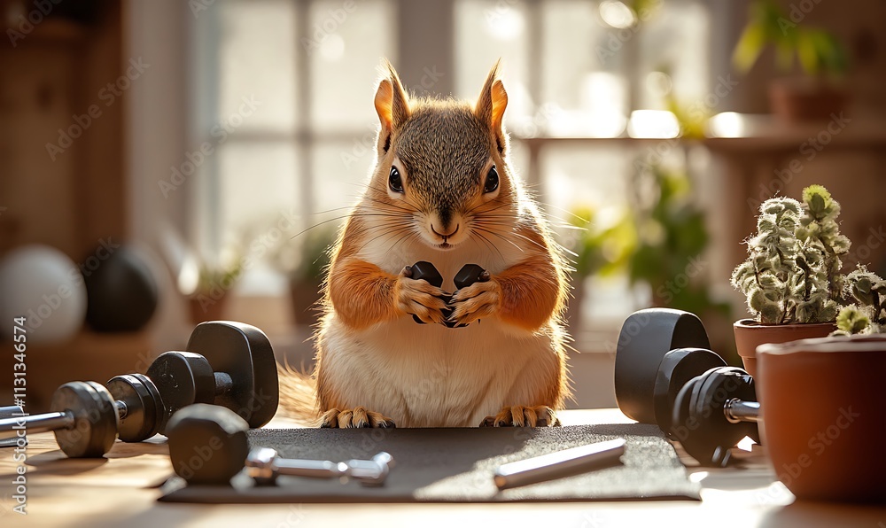Obraz premium Red Squirrel Posing With Small Dumbbells For Exercise