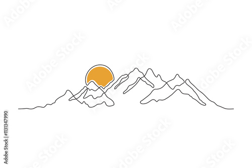Mountains and sun - continuous line drawing. Mountain landscape with colorful sunset. One line mountain range. Rocky peaks in simple linear style. Minimalist illustration of sunset in the mountains
