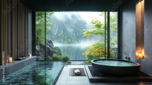 A Japanese-inspired onsen with a soaking tub overlooking a zen garden