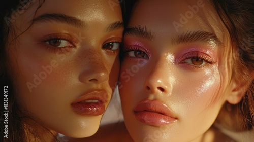 Two models with exquisite makeup radiate beauty and confidence, their complexions glowing softly as they come together in a close embrace, illuminating the art of beauty photo