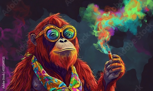 A Stylish Orangutan Smoking Colorful Smoke photo