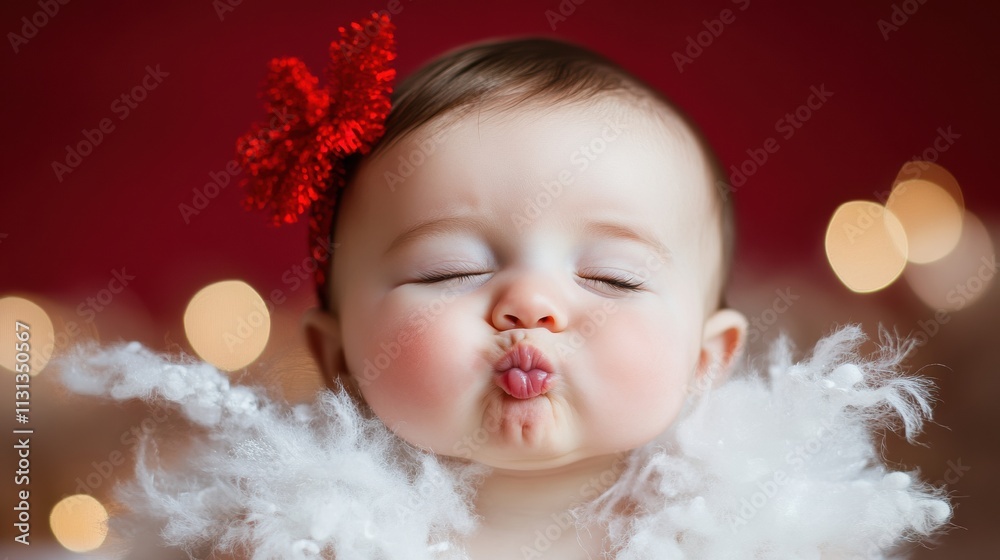 Fototapeta premium Adorable baby making a playful kissy face with festive decorations