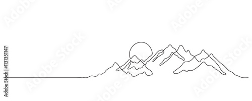 Mountains and sun - continuous line drawing. One line mountain range landscape background. Rocky peaks in simple linear style. Minimalist illustration of sunset in the mountains
