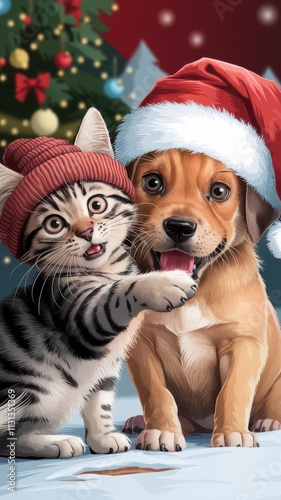 Cat and a dog are posing for a picture