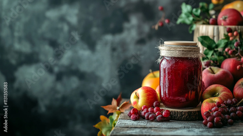 Wallpaper Mural Red apple jam in glass jar on wooden table, copy space, surrounded by fruit. Torontodigital.ca