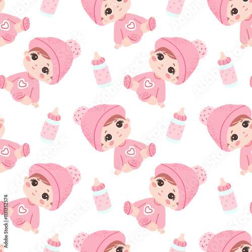 Seamless pattern Cute girl in knitted hat and socks. Bottle with milk.