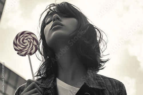 Monochrome portrait of a woman holding a lollipop gazing upwards evoking a nostalgic and artistic urban atmosphere
 photo