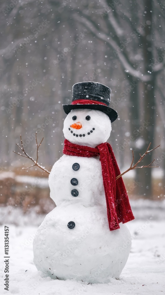 Fototapeta premium Cheerful snowman in winter night scene with falling snowflakes