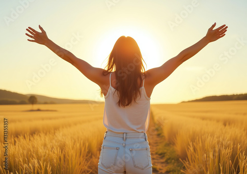 woman stands tall arms outstretched bright sunny landscape representing personal liberation