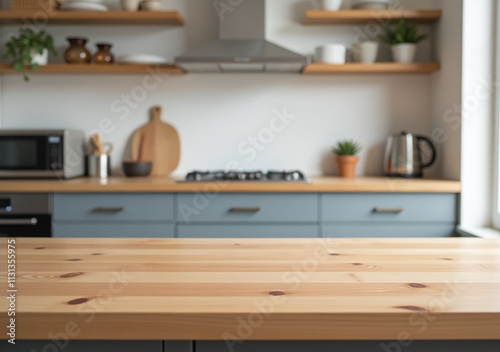 wooden countertop dominates modern kitchen scene blurred appliances decor background focal photo