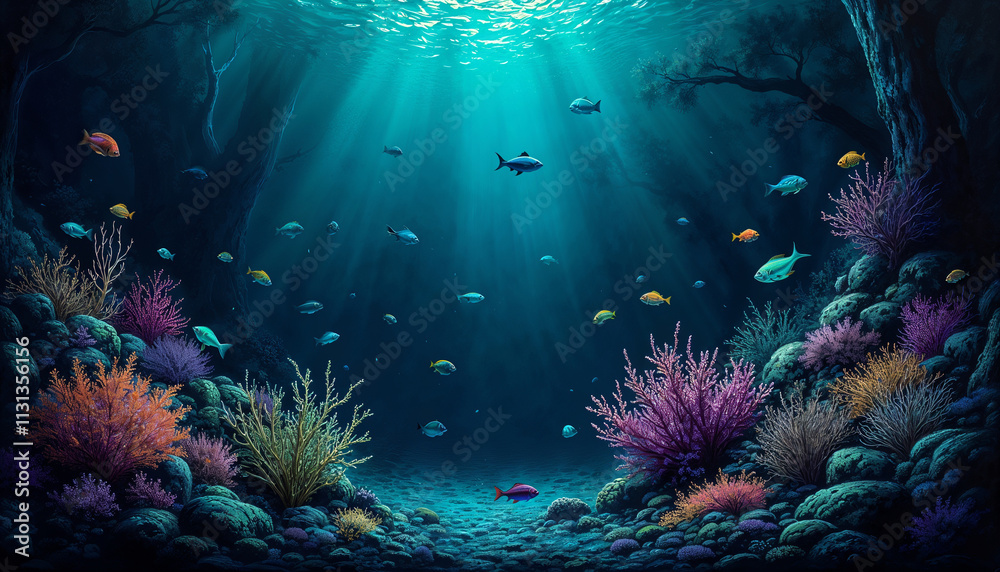 Fototapeta premium Underwater scene with luminous coral and tropical fish