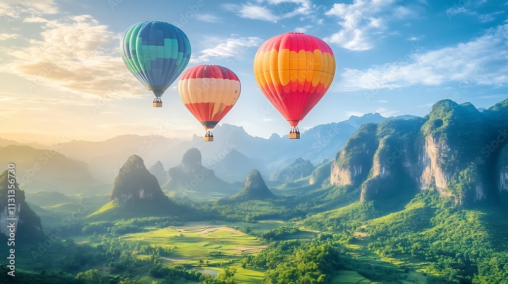 Fototapeta premium A vibrant, colorful hot air balloons over a clear, sunny sky 