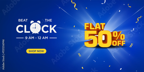 Blue promotional banner design with 'Beat the Clock' theme, featuring bold 50% off text, clock icon, vibrant rays, and confetti elements. Perfect for sales, discounts, and offers. 50% off Sale Banner.