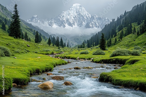 Haramosh - a 7000m peak in the Karakoram Range with stunning lush green meadows, forests and water streams  photo