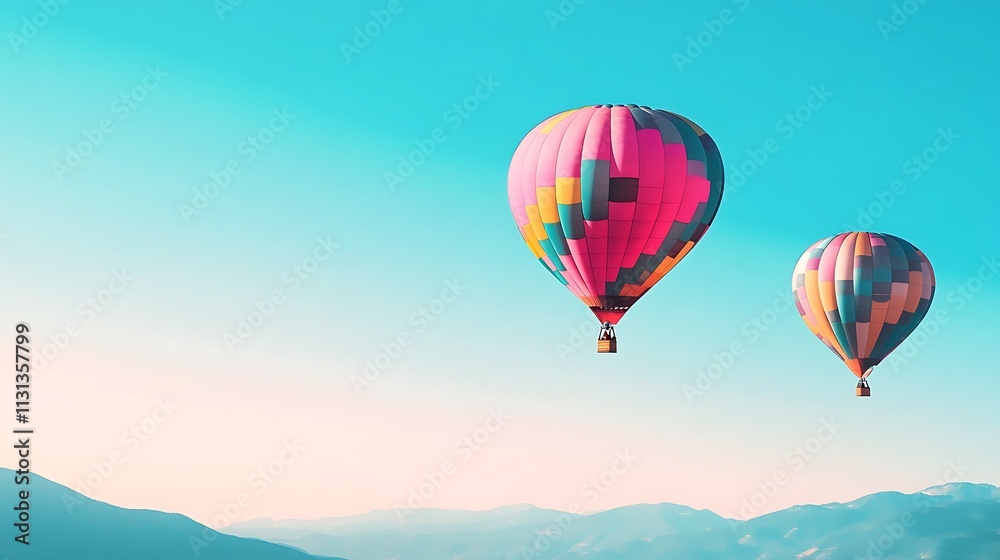 Fototapeta premium A vibrant, colorful hot air balloons floating over a mountain valley with a clear area for text