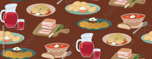 Seamless background with Ukrainian traditional dishes. Flat pattern with borsch, varenyky, holubtsy, salo, deruny, cherry compote